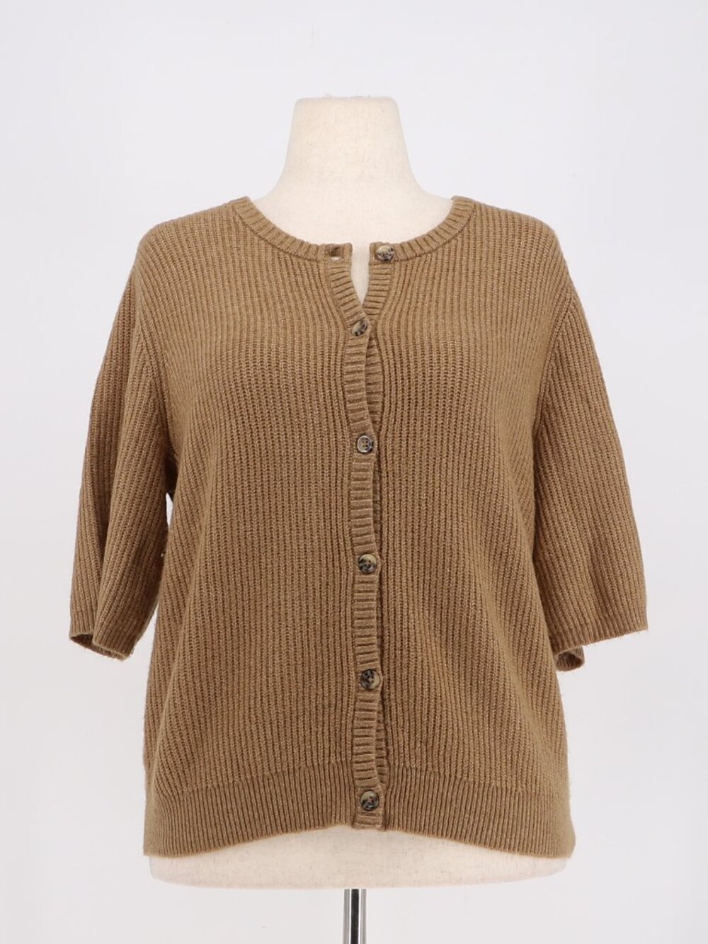 LOFT Ribbed Short Sleeve Cardigan Sweater in Brown Size L